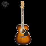 Full front of Martin Custom Shop M/0000 42 Style Ambertone Adirondack/Pacific Big Leaf Flamed Maple.