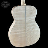 Back angle of Martin Custom Shop M/0000 42 Style Ambertone Adirondack/Pacific Big Leaf Flamed Maple.