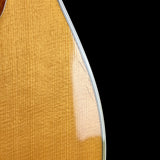 Close-up of a guitar body showing the natural wood grain and a silver metal edge against a solid black background.