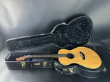 Acoustic guitar in an open black case on a gray background