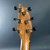 Close-up of a guitar headstock with tuning pegs on a dark background