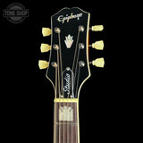 Headstock of Used Epiphone J-200 Studio EC Sunburst.