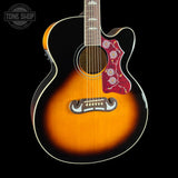 Front angle of Used Epiphone J-200 Studio EC Sunburst.