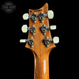 Close-up of the headstock of a guitar, showing six white tuning pegs and silver metal tuning screws on a glossy brown wood finish, set against a solid black background.