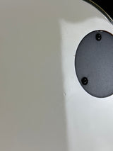 Close-up of a white surface with a circular dark gray insert secured by two black screws.