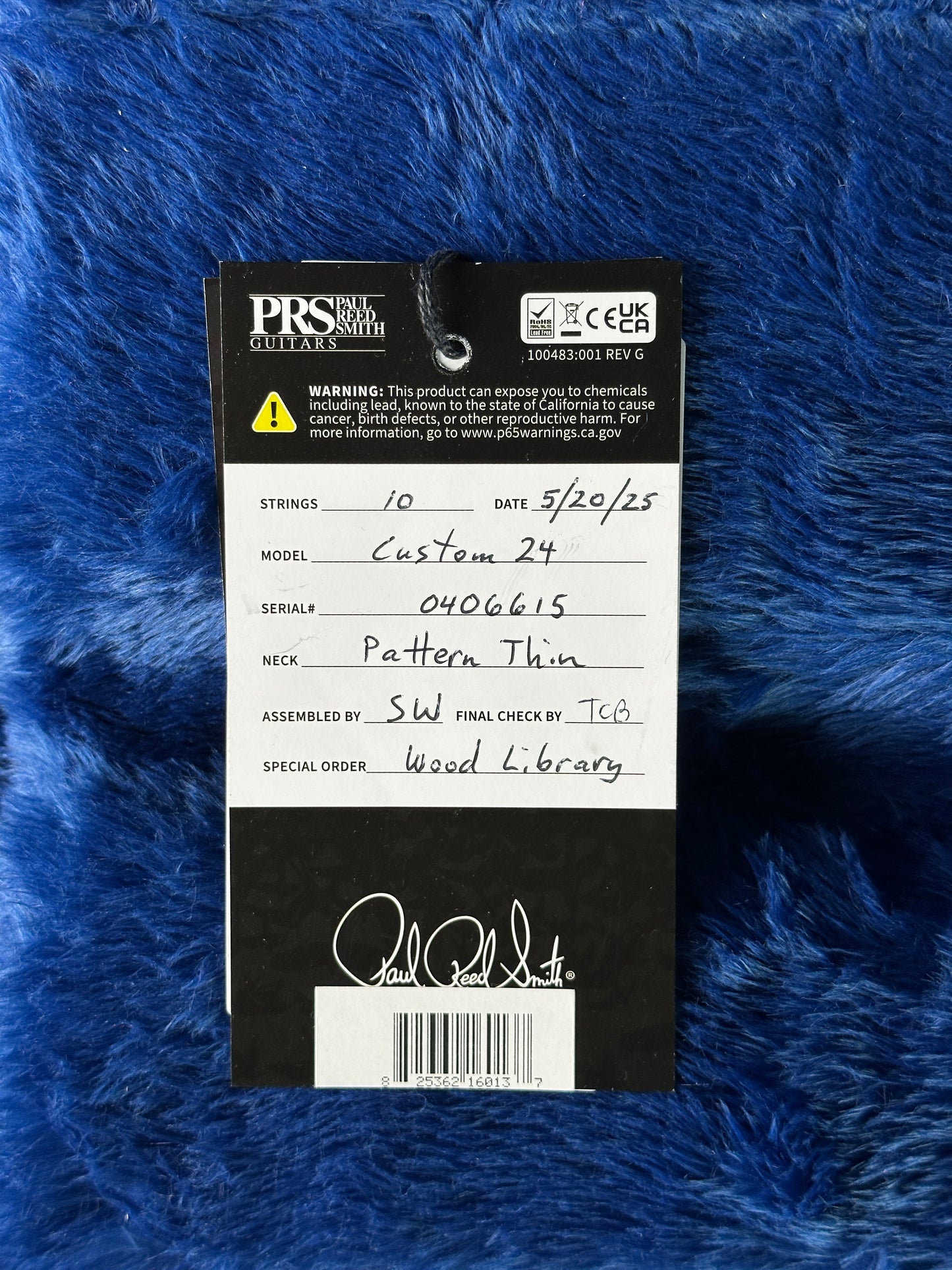 Hang tag for PRS Wood Library Custom 24 Quilt 10 Top Dark Cherry Sunburst.