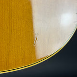 Close-up of a curved wooden surface showing a split finish: one side is glossy golden yellow wood grain, and the other is a lighter natural wood tone. A small insect is visible on the surface, with scratches and dust marks present.