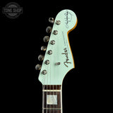 Headstock of Used 2020 Fender Kenny Wayne Shephard Strat Trans Faded Sonic Blue.