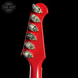 Back of headstock of Gibson Custom 1963 Firebird V w/ Maestro Vibrola Light Aged Cardinal Red.