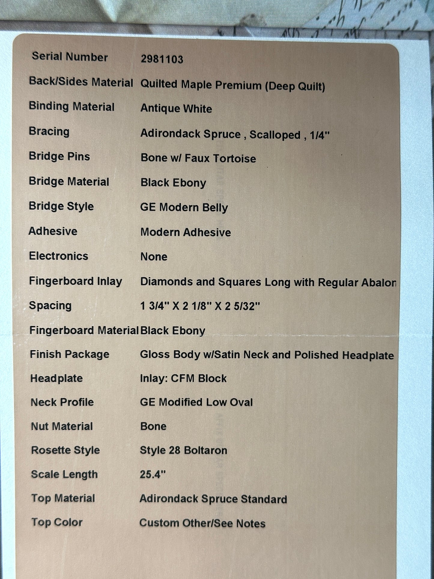 Spec sheet for Martin Custom Shop 000 14-Fret Quilted Maple.