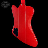 Back angle of Gibson Custom 1963 Firebird V w/ Maestro Vibrola Light Aged Cardinal Red.