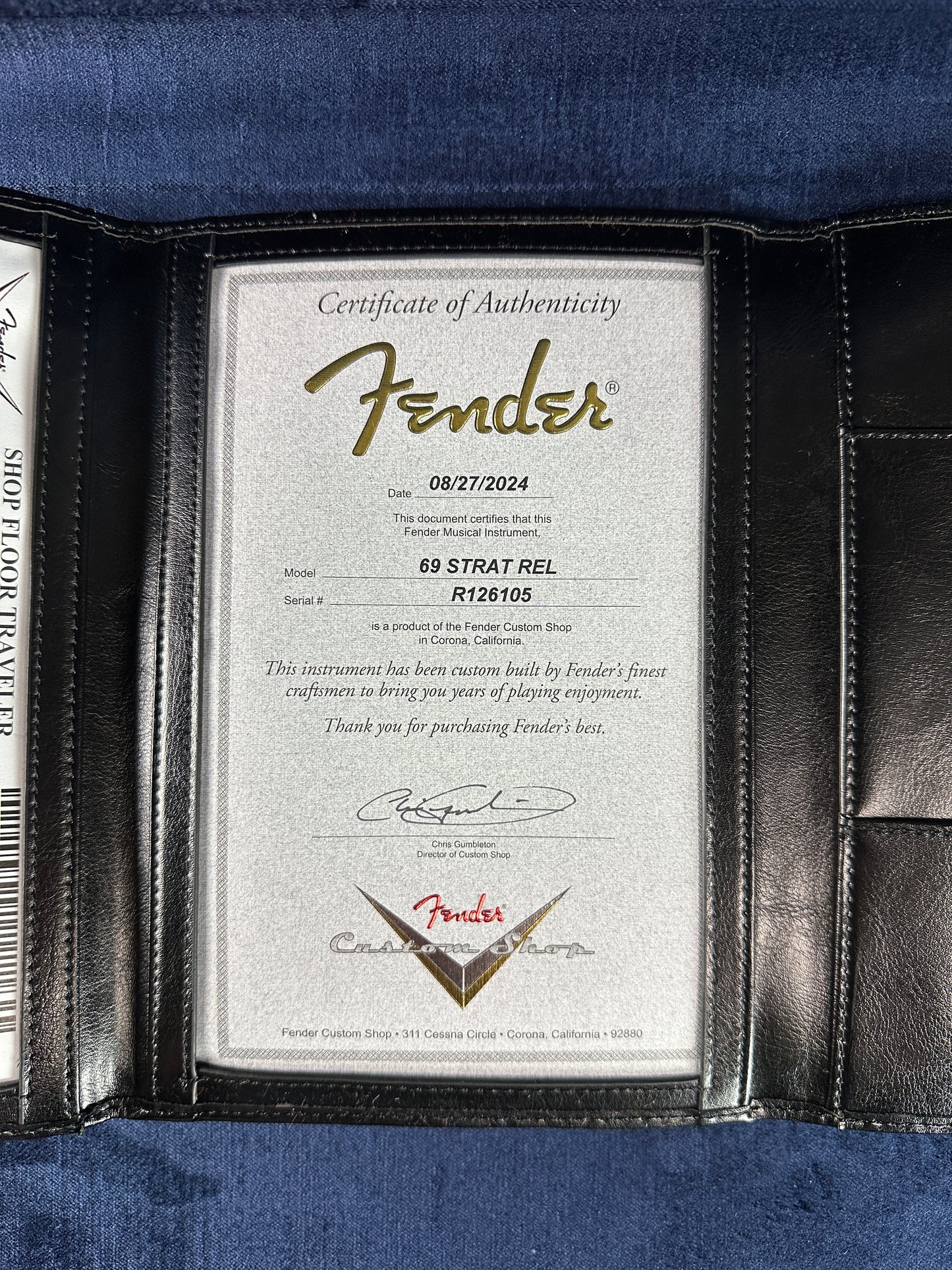 Certificate of authenticity for Fender Custom Shop 69 Stratocaster Relic HSS Lake Placid Blue Reverse Headstock.