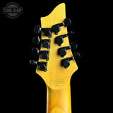 Back of headstock of Used Schecter Omen-8 Left Handed Black.