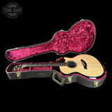 Taylor Builder's Edition 914ce Prototype Next Generation Acoustic guitar in a black case with pink interior on a black background, featuring 'Tone Shop' logo.