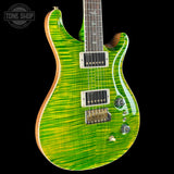 Front angle of PRS Select Wood Library McCarty Trem 10 Top Emerald.