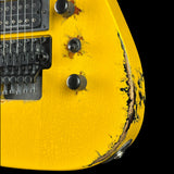 Front detail of Jackson Custom Shop USA Special Edition Soloist Taxi Cab Yellow Nitro Tour Relic.