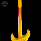 Back of neck of Jackson Custom Shop USA Special Edition Soloist Taxi Cab Yellow Nitro Tour Relic.