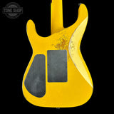 Back of Jackson Custom Shop USA Special Edition Soloist Taxi Cab Yellow Nitro Tour Relic.