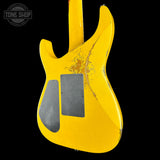 Back angle of Jackson Custom Shop USA Special Edition Soloist Taxi Cab Yellow Nitro Tour Relic.