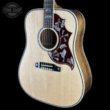 Front angle of Gibson Hummingbird Custom Koa Antique Natural.