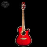 An Ibanez acoustic-electric guitar with a glossy red sunburst finish, shown vertically against a solid black background. The brand name 'Ibanez' is clearly visible on the headstock.