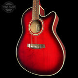 A red acoustic-electric guitar with a cutaway body, shown from the side against a black background. The brand 'Tone Shop' is visible as a watermark in the top-left corner.