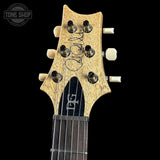 Guitar headstock with brand logo on a black background