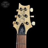 Guitar headstock with brand logo on a black background