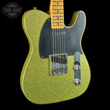 Front angle of Fender Custom Shop TSG Exclusive ’52 Telecaster Chambered Chartreuse Sparkle Journeyman Relic.