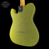 Back angle of Fender Custom Shop TSG Exclusive ’52 Telecaster Chambered Chartreuse Sparkle Journeyman Relic.