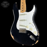 Front angle of Fender Custom Shop Limited Edition 1968 Stratocaster Relic Aged Black.