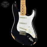 Front angle of Fender Custom Shop Limited Edition 1968 Stratocaster Relic Aged Black.