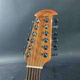 Close-up of a guitar headstock with 12 strings on a dark background
