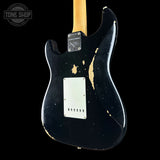 Back angle of Fender Custom Shop Limited Edition 1968 Stratocaster Relic Aged Black.