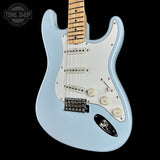 Front angle of Fender Custom Shop Yngwie Malmsteen Strat Sonic Blue.