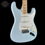 Front angle of Fender Custom Shop Yngwie Malmsteen Strat Sonic Blue.
