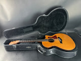 Acoustic guitar in a hard-shell case on a gray background