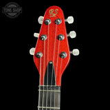 Red guitar headstock with tuning pegs on a black background, featuring the RS Guitar logo.