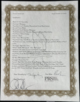 A vintage collectible sports memorabilia certificate from PRS Guitarists for the Fender Mustang II guitar, featuring a detailed specifications page with signatures and an ornate border on a black background.
