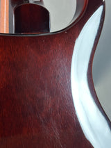 Close-up of a guitar's wooden neck and metal truss rod cover.