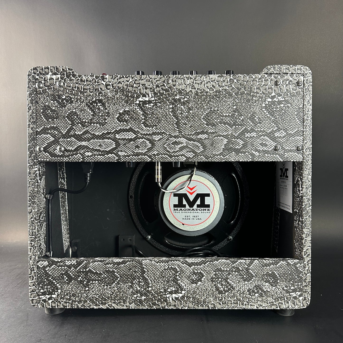 Audio amplifier with snake skin pattern casing on a gray background