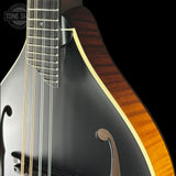 Close-up of a mandolin-style acoustic guitar showing the glossy black body, f-holes, strings, neck, and a warm brown wood side border against a black background.