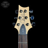 Headstock of PRS Paul Reed Smith CE24 Semi-Hollow Quilt Black Amber.