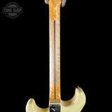 Close-up of a guitar neck with a visible brand logo in the corner.