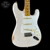 Front angle of Fender Custom Shop Time Machine '57 Strat Heavy Relic Aged White Blonde.