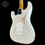 Back angle of Fender Custom Shop Time Machine '57 Strat Heavy Relic Aged White Blonde.