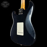 Back view of a blue electric guitar with a visible brand logo in the corner.