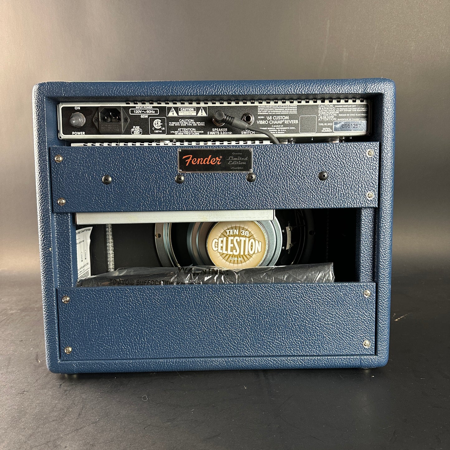 Back of Used Fender '68 Custom Vibro Champ Reverb Navy Blue.
