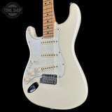 Front angle of Used 2018 Fender American Standard Stratocaster Vintage White Left Handed.