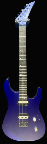 Blue electric guitar on a gray background